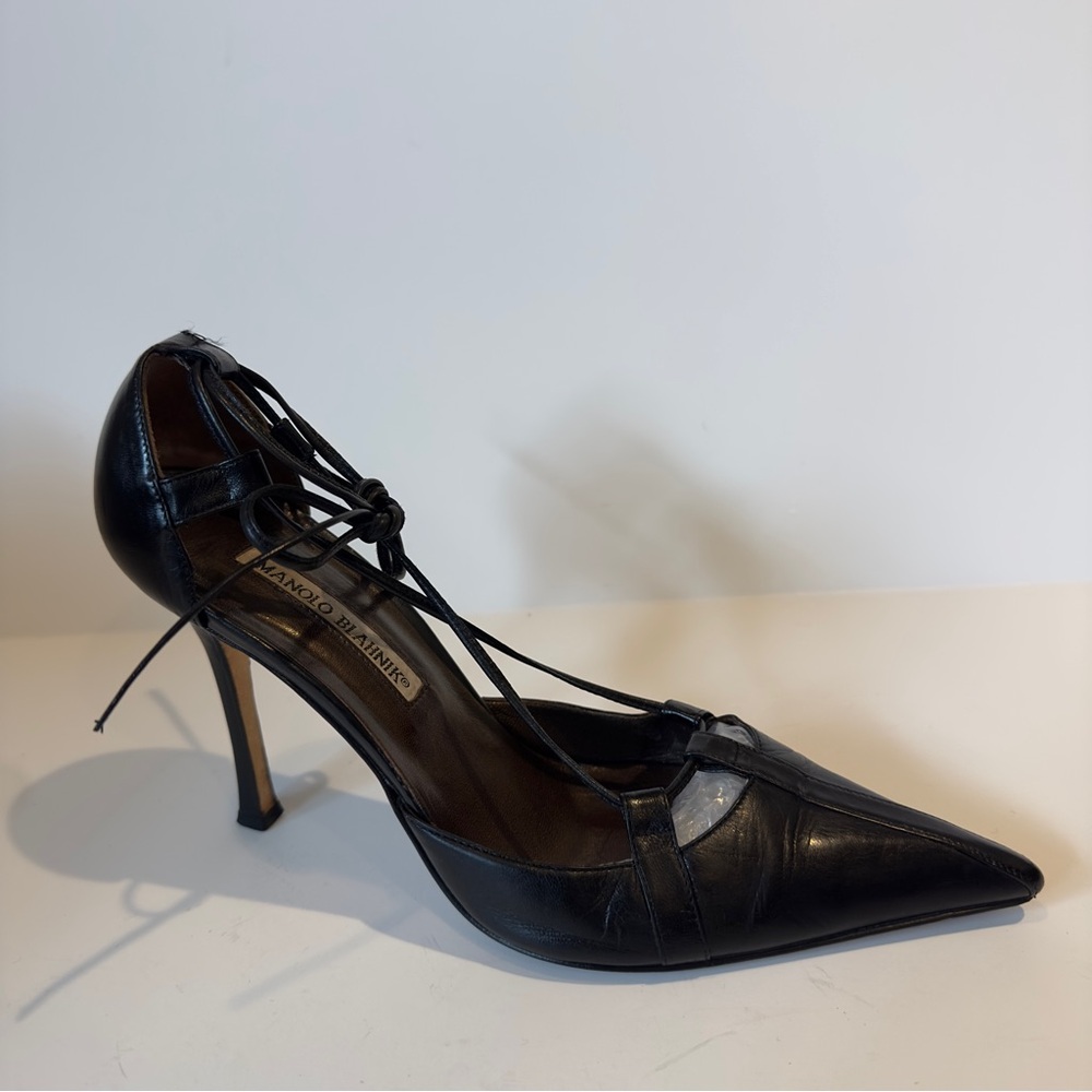 Manolo Blahnik Women’s Vintage Black Ankle Strap Tie Pumps 38